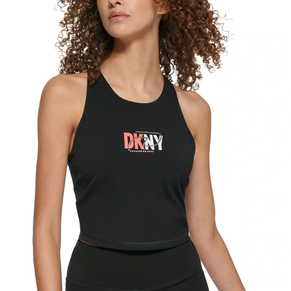 DKNY SPORTS Black Rhinestone Logo Cropped Tank Top NWT XS